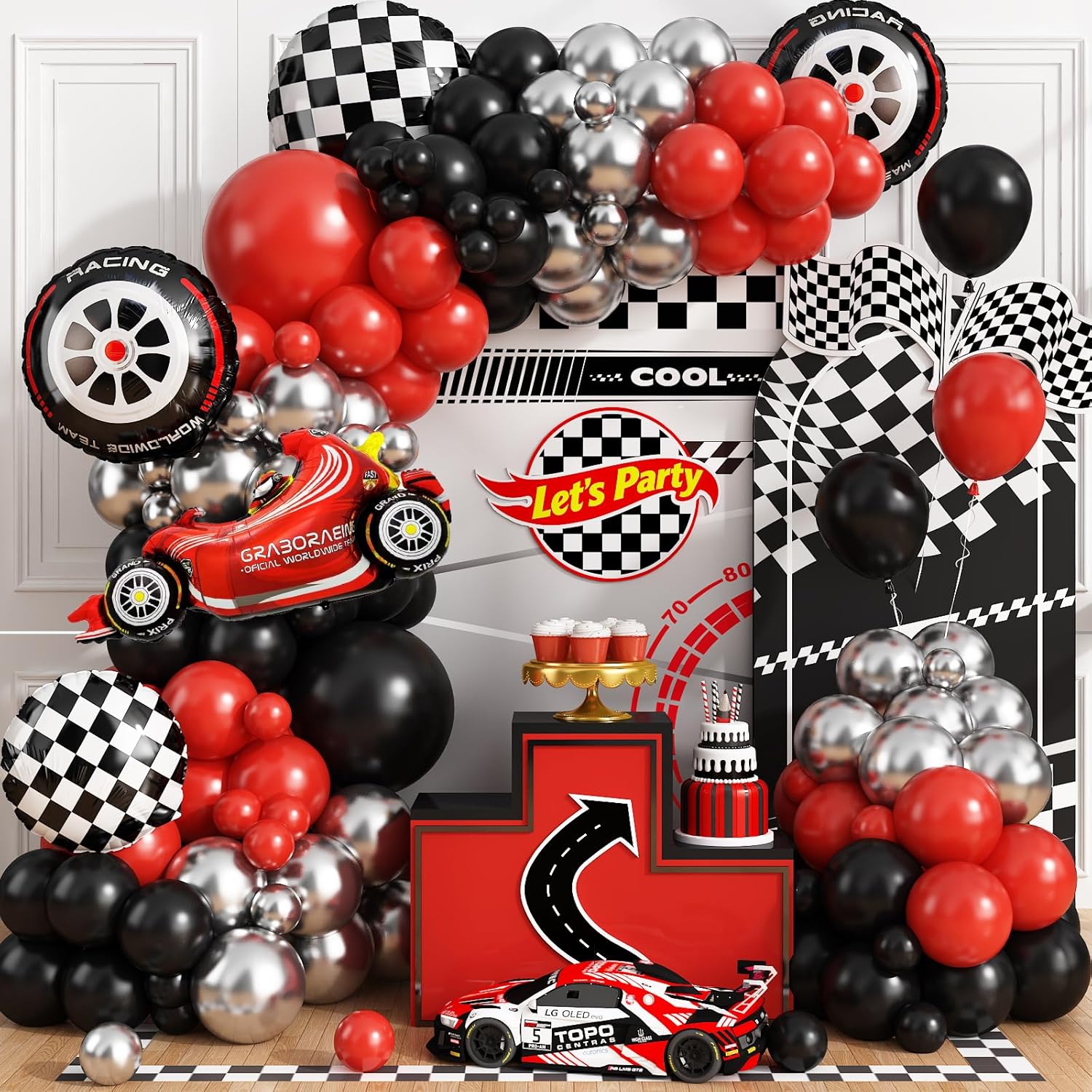 Lighting Mcqueen Birthday Decor - Race Car Checkered Wheel Red Black